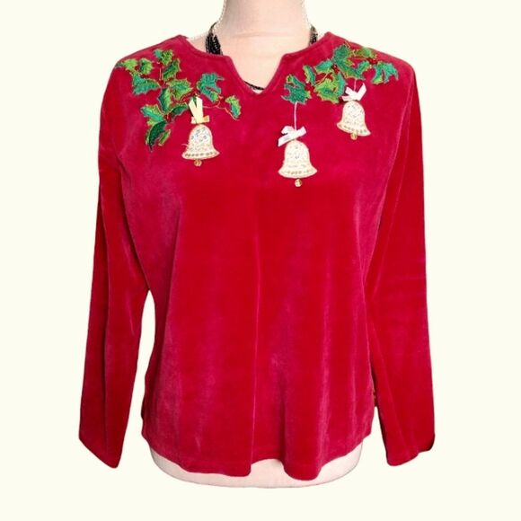 VTG 80s Red Velvet Christmas Bells Embroidered Sweater Medium Petite - Picture 1 of 16
